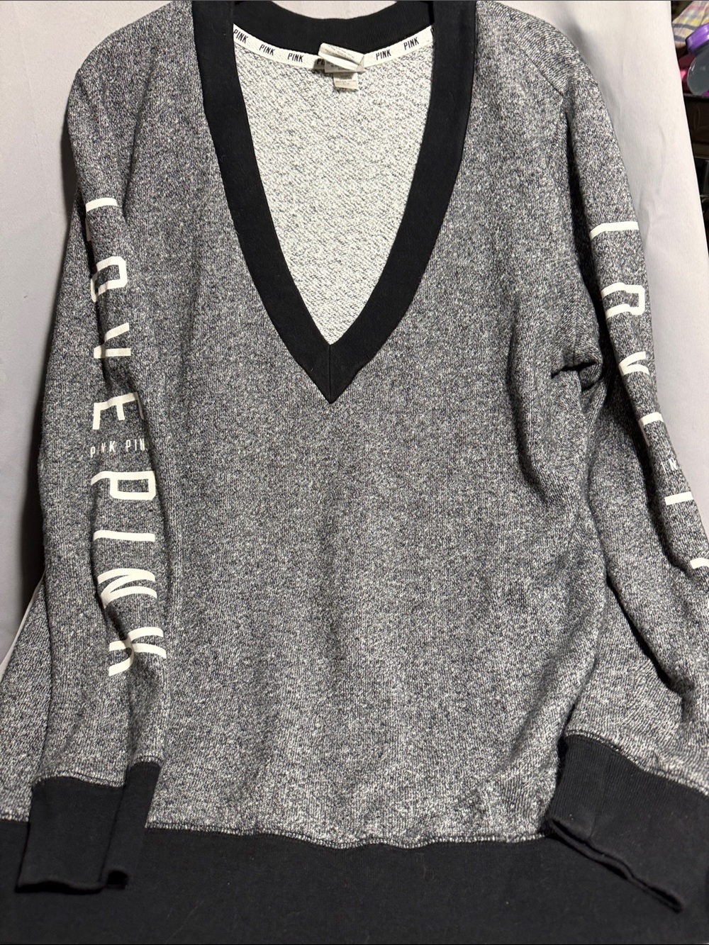 PINK V-Neck Grey Marled Sweatshirt with Sleeve Logo
